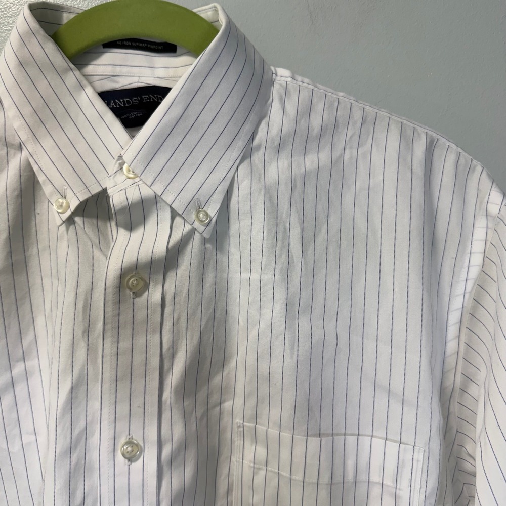 Lands End No Iron Supima Pinpoint‎ Cotton Striped Button Down Shirt White Blue